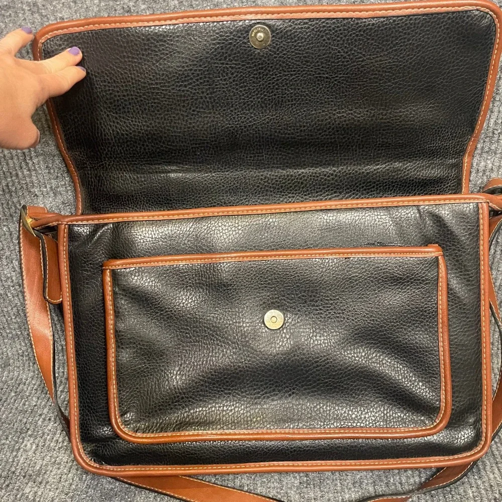VTG Oggi Domani Messenger Bag Large Black Tan Satchel Briefcase Office Travel